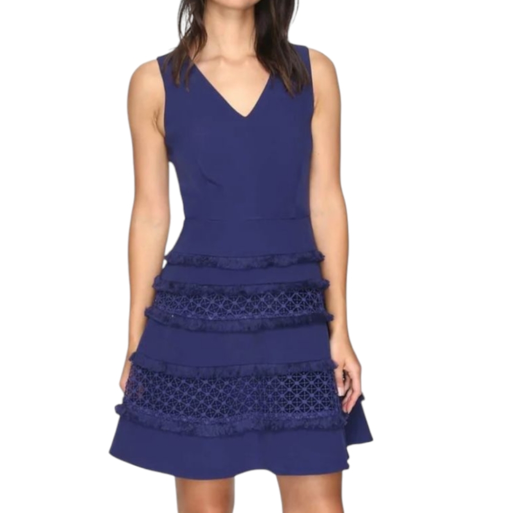 Adelyn Rae Lace Fringe Fit And Flare  Blue Sleeveless Dress Sz S